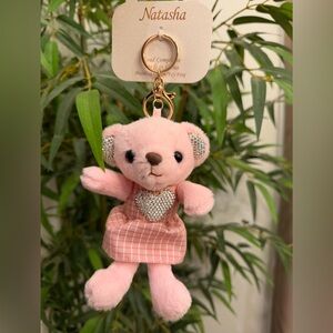 Natasha Pink Plush Bear Bag Charm with Rhinestone Heart